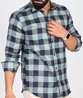 Tanip Men Checkered Casual Dark Blue, Light Green, Grey Shirt