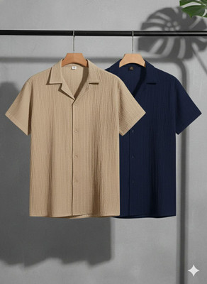 WUXI Men Solid Casual Dark Blue, Khaki Shirt(Pack of 2)