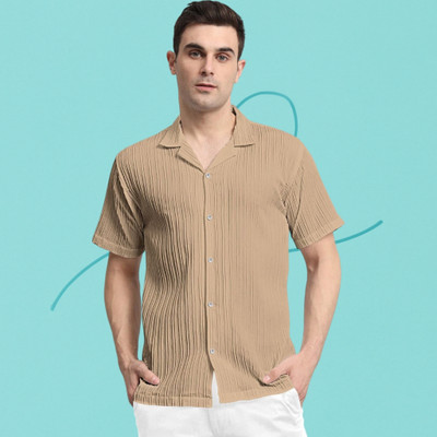 A Rodeiz Men Self Design Casual Cream Shirt