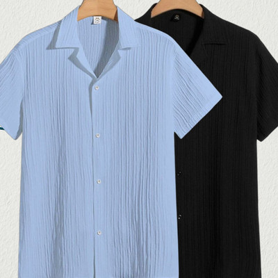 Jenil Fashion Men Striped Casual Light Blue, Black Shirt