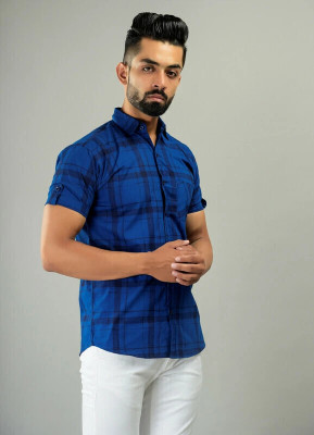BASE 41 Men Checkered Casual Blue, Dark Blue Shirt