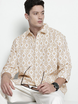 The Indian Garage Co. Men Geometric Print Casual Beige Shirt