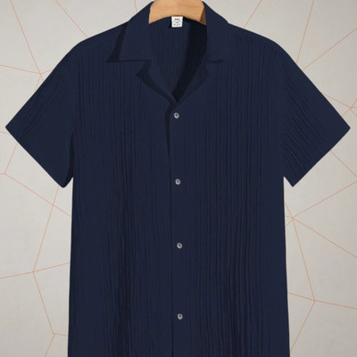 A DEEMOON TREND Men Self Design Casual Dark Blue Shirt