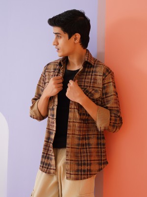 Indian Needle Men Checkered Casual Brown Shirt