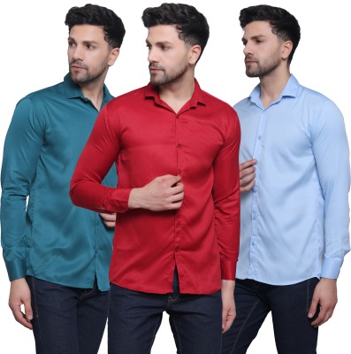 FILNECH Men Solid Casual Dark Green, Red, Light Blue Shirt(Pack of 3)