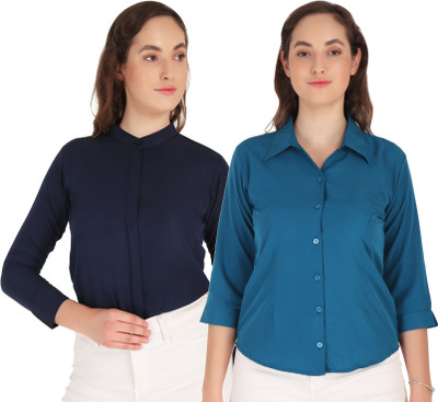 HEAVENS CREATIONS Women Solid Formal Dark Blue, Blue Shirt(Pack of 2)