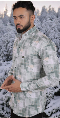 GCFAB Men Checkered Casual Light Green, White Shirt