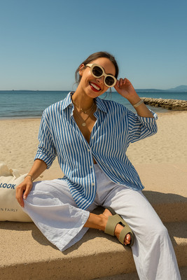 Femibazaar Women Striped Casual Blue Shirt