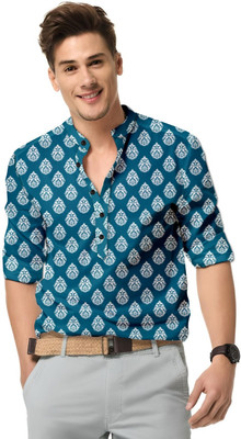 isuelfeb Men Printed Casual Blue, White Shirt
