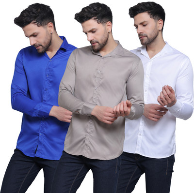 CRAFT HEAVEN Men Solid Casual Blue, Grey, White Shirt(Pack of 3)