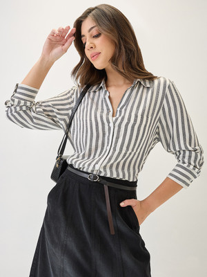 Globus Women Striped Formal Black Shirt