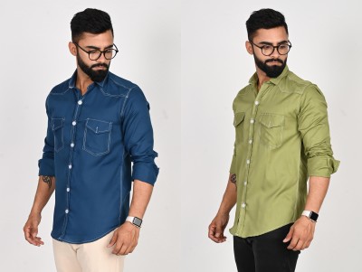 Dark Age Men Solid Casual Dark Blue, Light Green Shirt(Pack of 2)