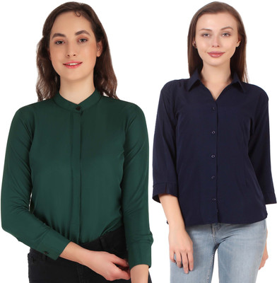 HEAVENS CREATIONS Women Solid Formal Blue Shirt(Pack of 2)