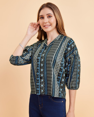 K Y W Women Printed Casual Blue Shirt
