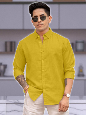 Yanthhi Men Solid Casual Yellow Shirt