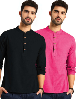 Navkanj Men Solid Asymmetric Kurta(Pink)
