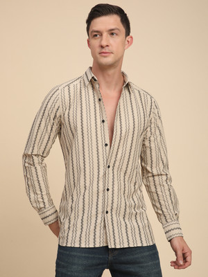 Voroxy Men Striped Casual Beige Shirt