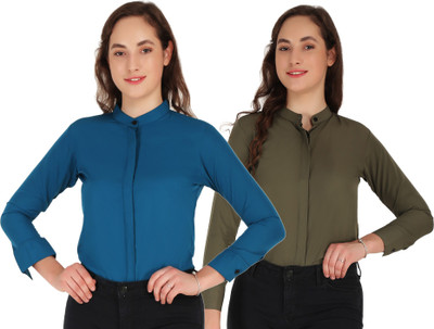 Hunoor Women Solid Casual Dark Green, Blue Shirt(Pack of 2)