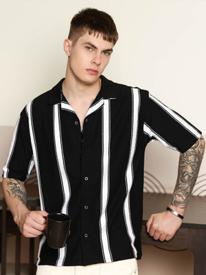 Jump Cuts Men Self Design Casual Black, White Shirt