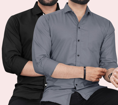 CLOSWIF Men Solid Casual Black, Grey Shirt(Pack of 2)