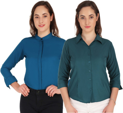 HEAVENS CREATIONS Women Solid Formal Blue, Green Shirt(Pack of 2)