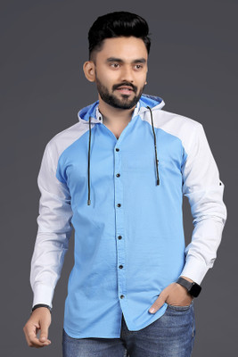 SPOQUE Men Self Design Party Light Blue, White Shirt