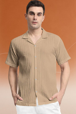 A DEEMOON TREND Men Self Design Casual Cream Shirt
