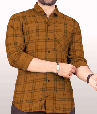 MD textile Men Checkered Casual Brown Shirt
