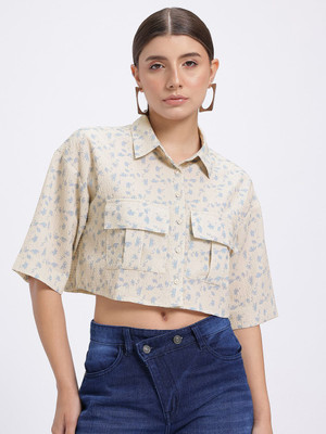 Glitchez Women Printed Casual Beige Shirt