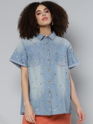 SASSAFRAS Women Printed Casual Blue Shirt