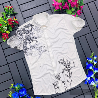 FABDACK Men Floral Print Casual White Shirt