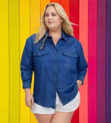 Wingzss Women Solid Casual Blue Shirt