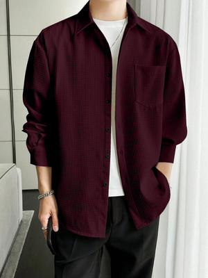 K J Enterprise Men Self Design Casual Maroon Shirt