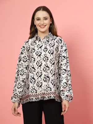 PLUSS Women Printed Casual White, Black Shirt