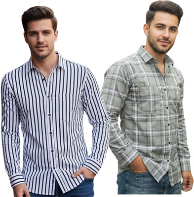 MSSTRU Men Striped, Checkered Casual Multicolor Shirt(Pack of 2)