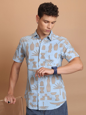 HIGHLANDER Men Printed Casual Light Blue Shirt