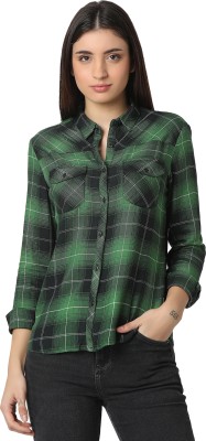 Spykar Women Checkered Casual Green Shirt