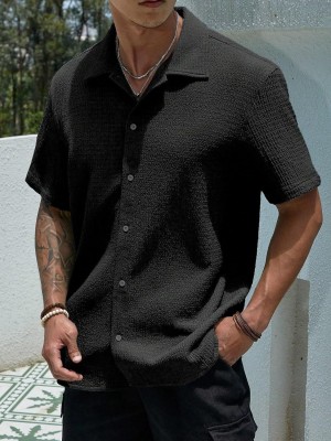 KAJARU Men Self Design Casual Black Shirt