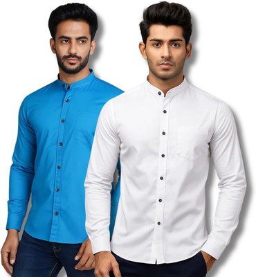 CROWNTAIL Men Solid Casual Blue, White Shirt(Pack of 2)