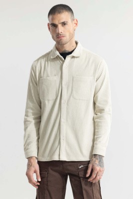 Snitch Men Striped Casual Cream Shirt