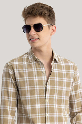 U TURN Men Striped Casual White, Beige Shirt