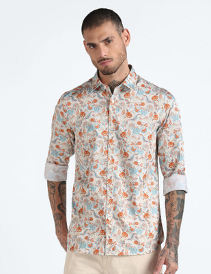 FLYING MACHINE Men Printed Casual Orange, Light Blue, Beige Shirt