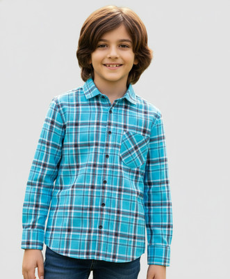 HIKUJ Boys Checkered Casual Dark Blue Shirt