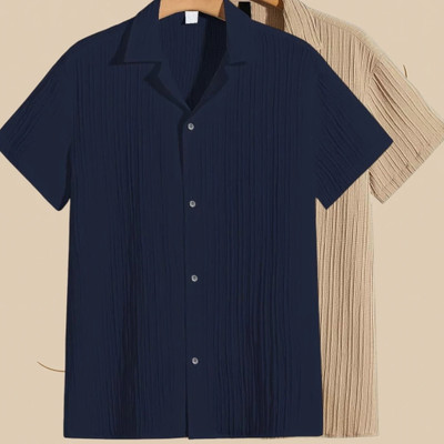 Looksky Men Self Design Casual Dark Blue, Cream Shirt(Pack of 2)