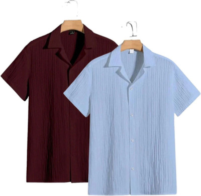 METRONAUT Men Self Design Casual Maroon, Blue Shirt(Pack of 2)