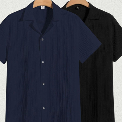 Looksky Men Self Design Casual Dark Blue, Black Shirt(Pack of 2)