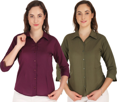 Giggles Women Solid Formal Purple, Green Shirt(Pack of 2)