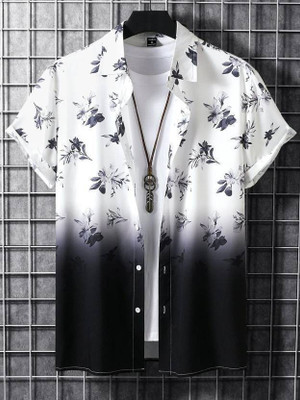 Qugue Men Floral Print Casual White, Dark Blue Shirt