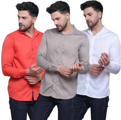 FILNECH Men Solid Casual Grey, Red, White Shirt(Pack of 3)