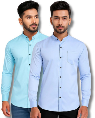 CROWNTAIL Men Solid Casual Light Blue Shirt(Pack of 2)